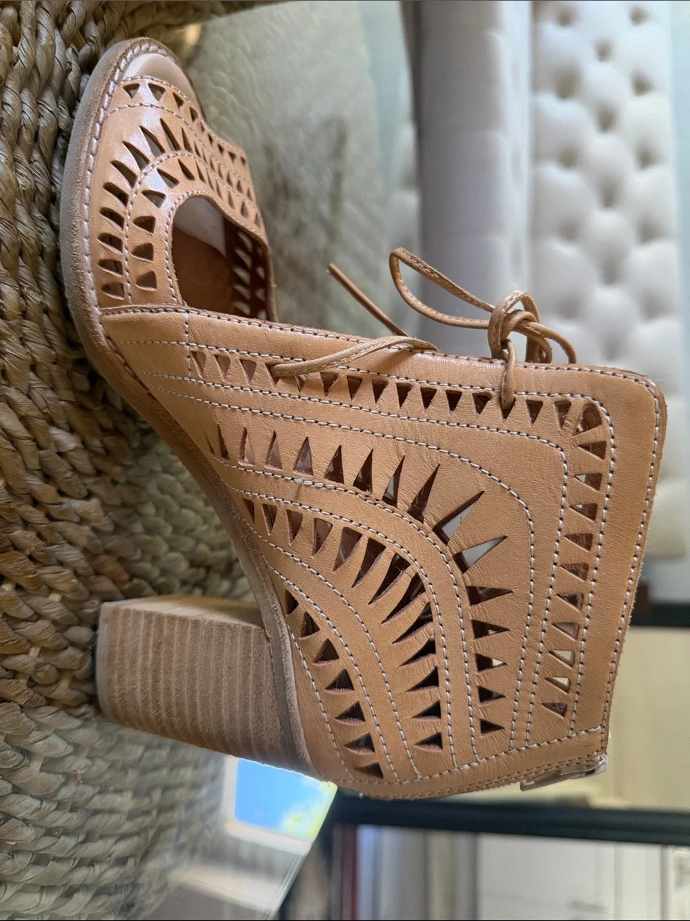 Jeffrey Campbell Women’s Tan leather Cutout Lace-Up Block Heel Ankle Boot